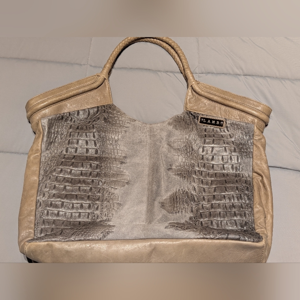 L.A.M.B. Beige and Gray Croc-Accent Leather Tote